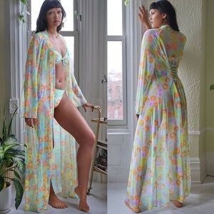 Savage X Fenty FREE SPIRIT FLORAL FULL-LENGTH ROBE pink‎ yellow small sheer NWT